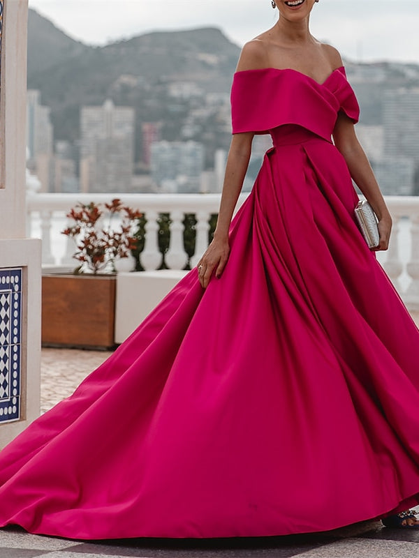 A-Line/Princess Off-The-Shoulder Short Sleeves Floor Length Evening Dress Sexy