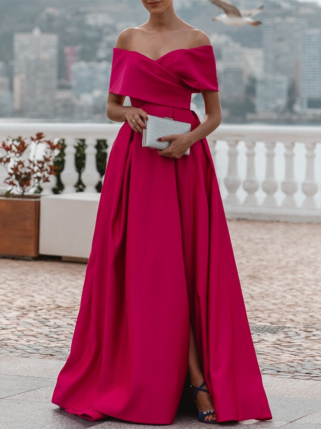 A-Line/Princess Off-The-Shoulder Short Sleeves Floor Length Evening Dress Sexy