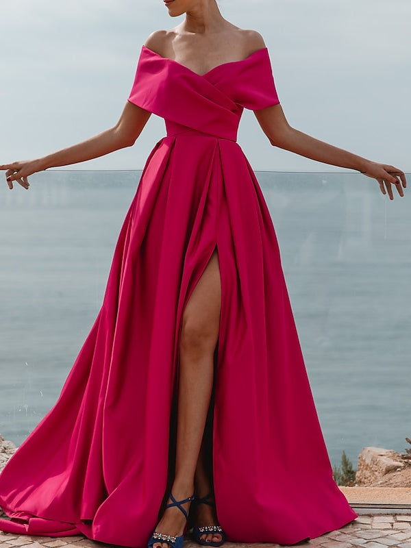 A-Line/Princess Off-The-Shoulder Short Sleeves Floor Length Evening Dress Sexy