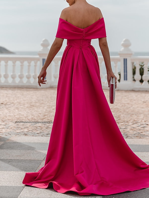 A-Line/Princess Off-The-Shoulder Short Sleeves Floor Length Evening Dress Sexy
