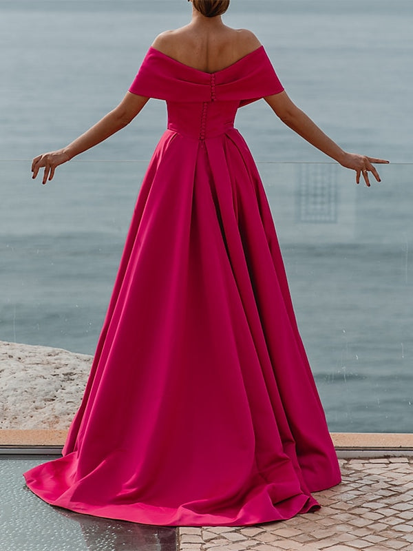 A-Line/Princess Off-The-Shoulder Short Sleeves Floor Length Evening Dress Sexy