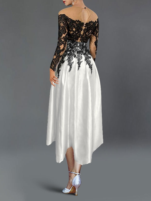 A-Line/Princess Illusion Neck Tea-Length Cocktail Dresses With Lace Sleeves Sexy