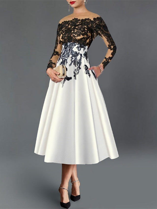 A-Line/Princess Illusion Neck Tea-Length Cocktail Dresses With Lace Sleeves Sexy