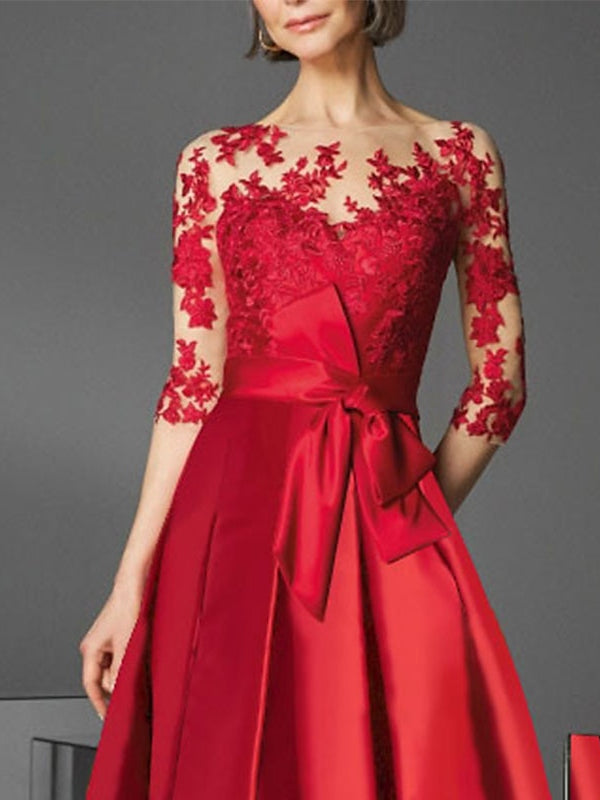 A-Line/Princess Illusion Neck Tea-Length Cocktail Dresses With Bowknot Red