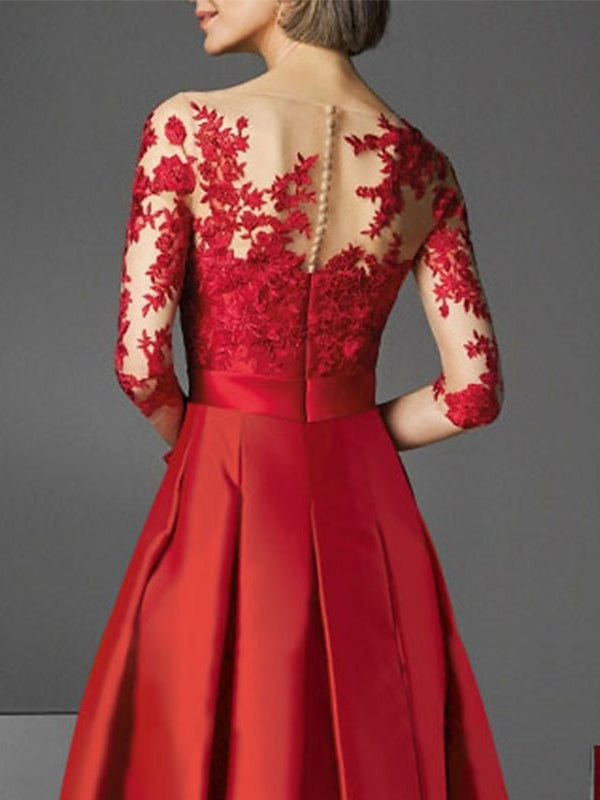 A-Line/Princess Illusion Neck Tea-Length Cocktail Dresses With Bowknot Red