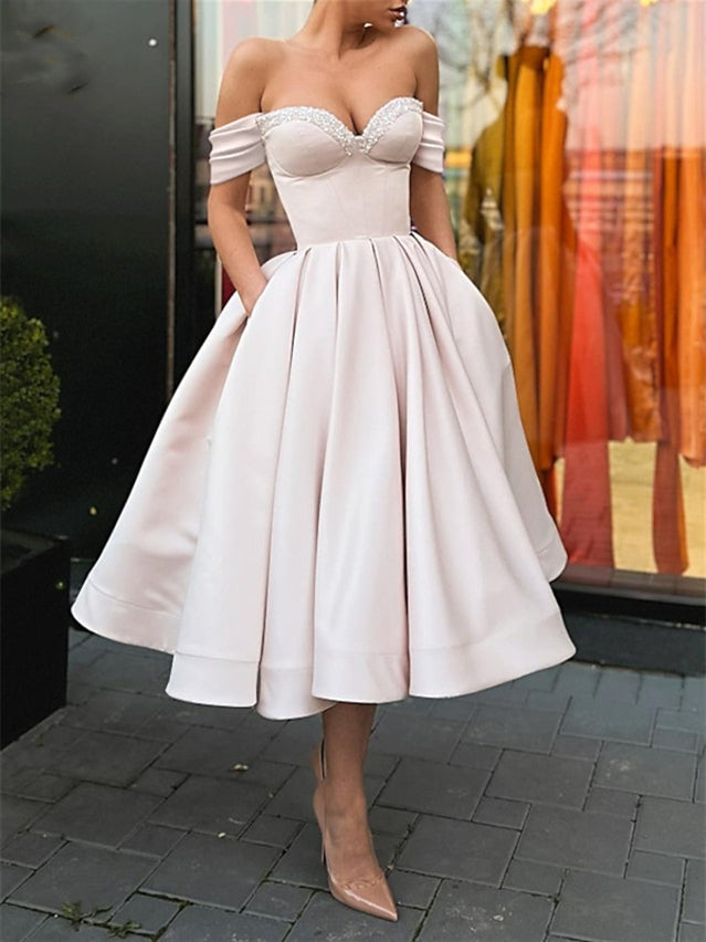 A-Line/Princess Sweetheart Tea-Length Cocktail Dresses With Pleats Off Shoulder Sexy Party Dress
