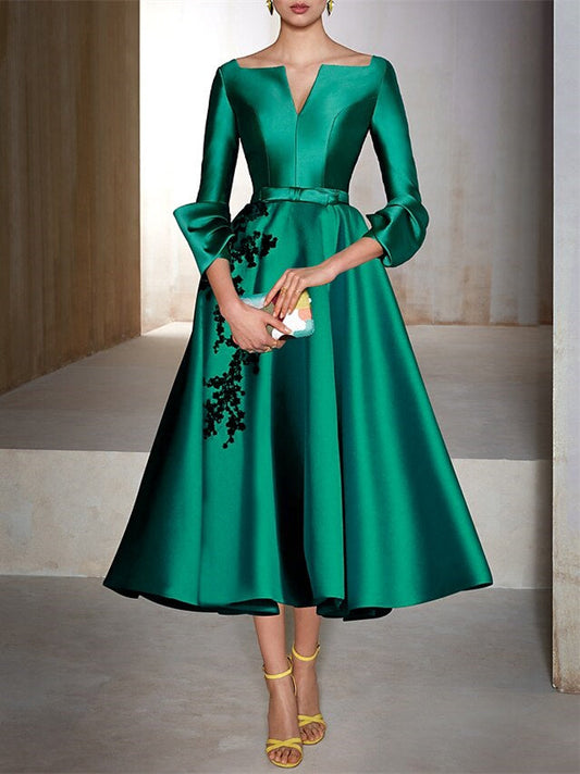 A-Line/Princess 3/4 Length Sleeves Tea Length Cocktail Dresses With Appliques Sexy