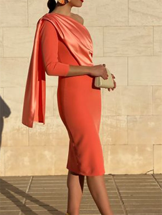 Sheath/Column Knee Length 3/4 Length Sleeve Cocktail Dresses With Draping Sexy