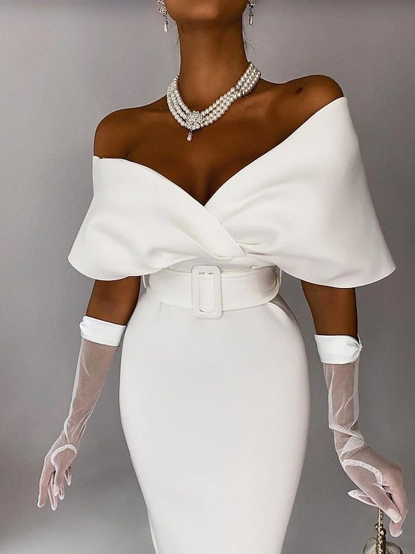 Sheath / Column Tea-Length Off-The-Shoulder Cocktail Dresses Elegant Evening Party Dress No With Gloves