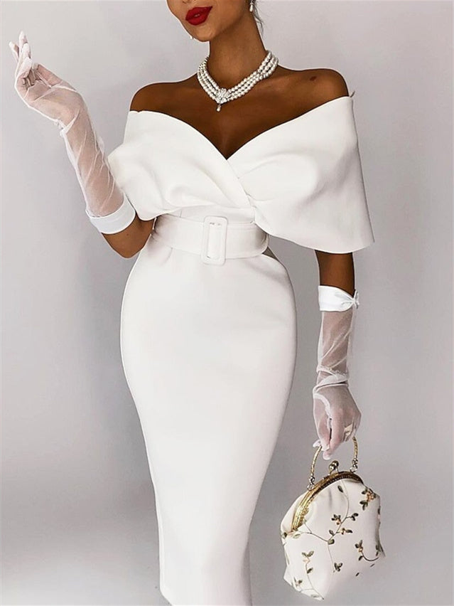 Sheath / Column Tea-Length Off-The-Shoulder Cocktail Dresses Elegant Evening Party Dress No With Gloves