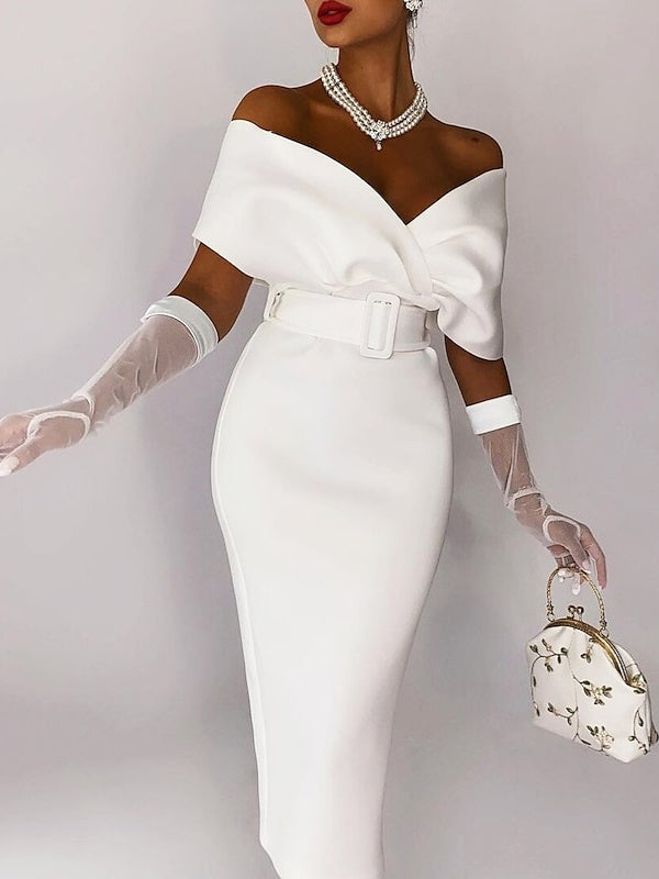 Sheath / Column Tea-Length Off-The-Shoulder Cocktail Dresses Elegant Evening Party Dress No With Gloves