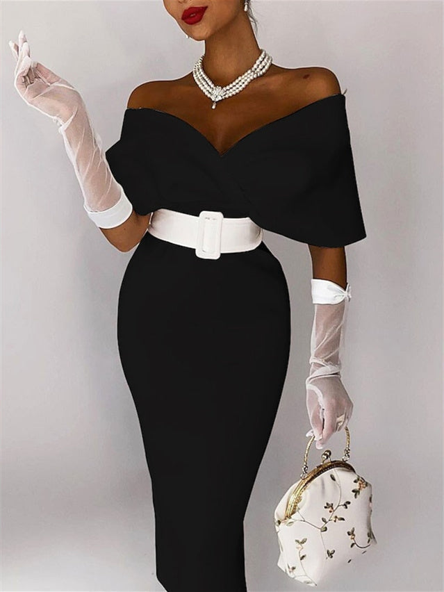 Sheath / Column Tea-Length Off-The-Shoulder Cocktail Dresses Elegant Evening Party Dress No With Gloves