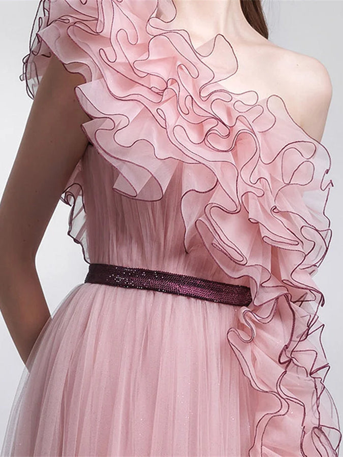 A-Line/Princess Sleeveless One Shoulder Ruffled Mesh Evening Dresses Sexy