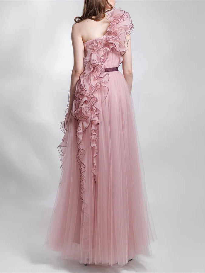 A-Line/Princess Sleeveless One Shoulder Ruffled Mesh Evening Dresses Sexy
