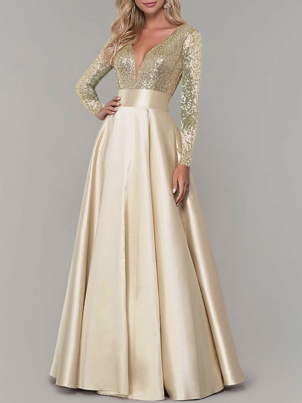 A-Line/Princess V Neck Long Sleeves Floor-Length Evening Dresses Sparkly