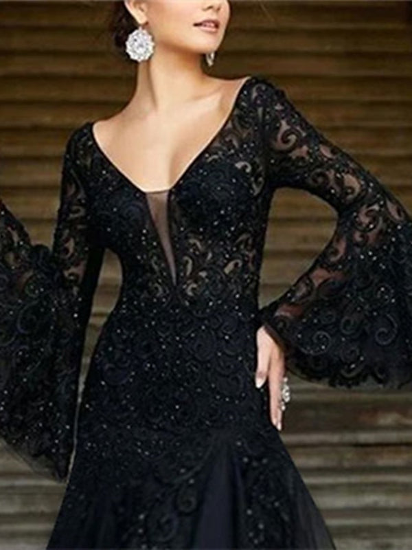 A-Line/Princess V-Neck Long Sleeves Floor-Length Evening Dresses With Appliques Black