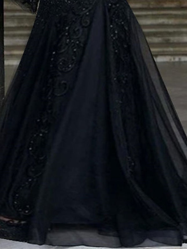 A-Line/Princess V-Neck Long Sleeves Floor-Length Evening Dresses With Appliques Black