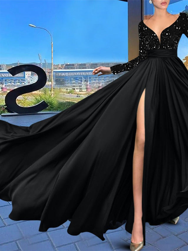 A-Line/Princess Court Train Long Sleeve V Neck Evening Dresses With Sequin Sparkly