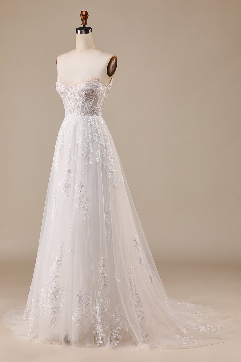 Ivory A Line Detachable Off the Shoulder Corset Tulle Wedding Dress Long