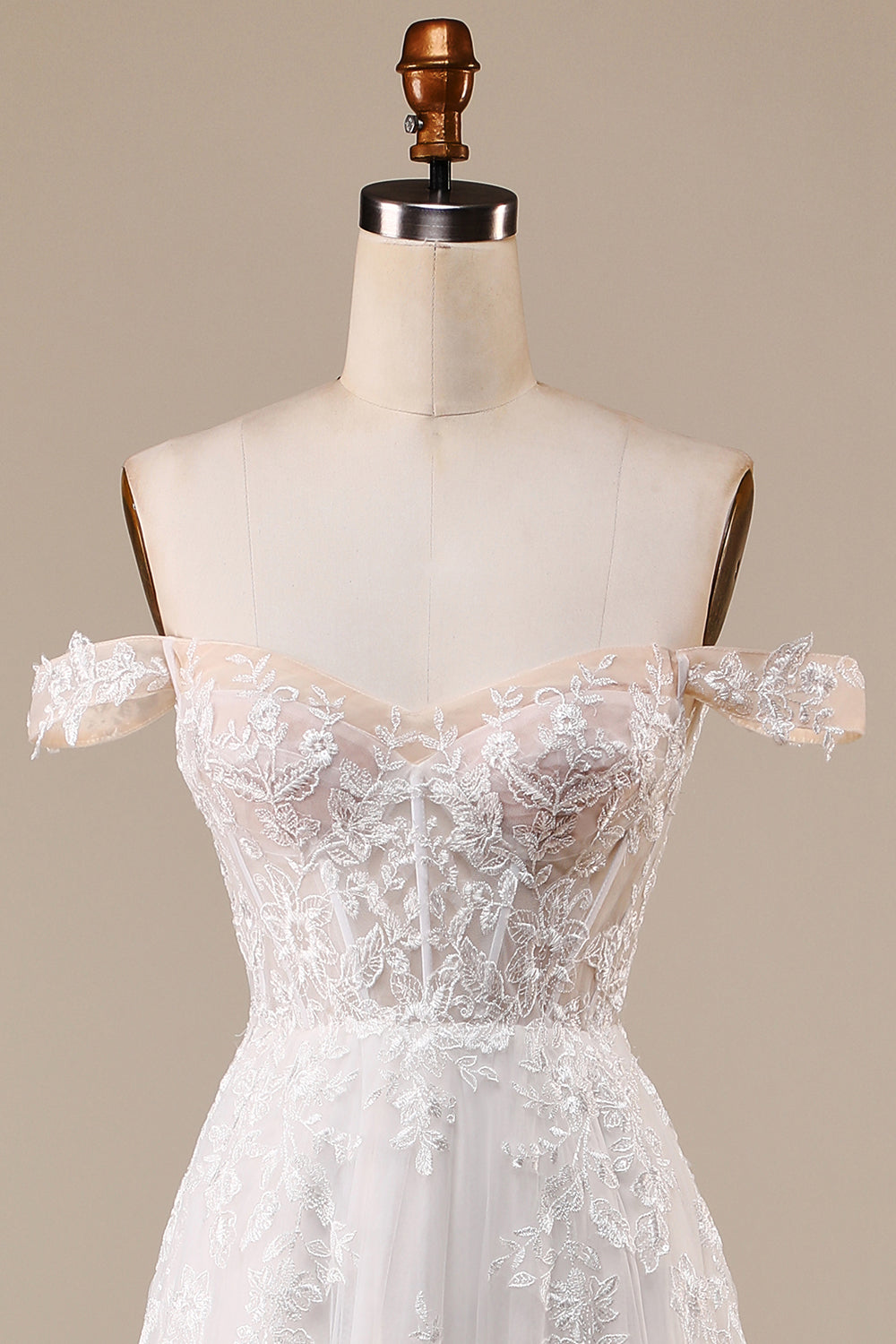 Ivory A Line Detachable Off the Shoulder Corset Tulle Wedding Dress Long