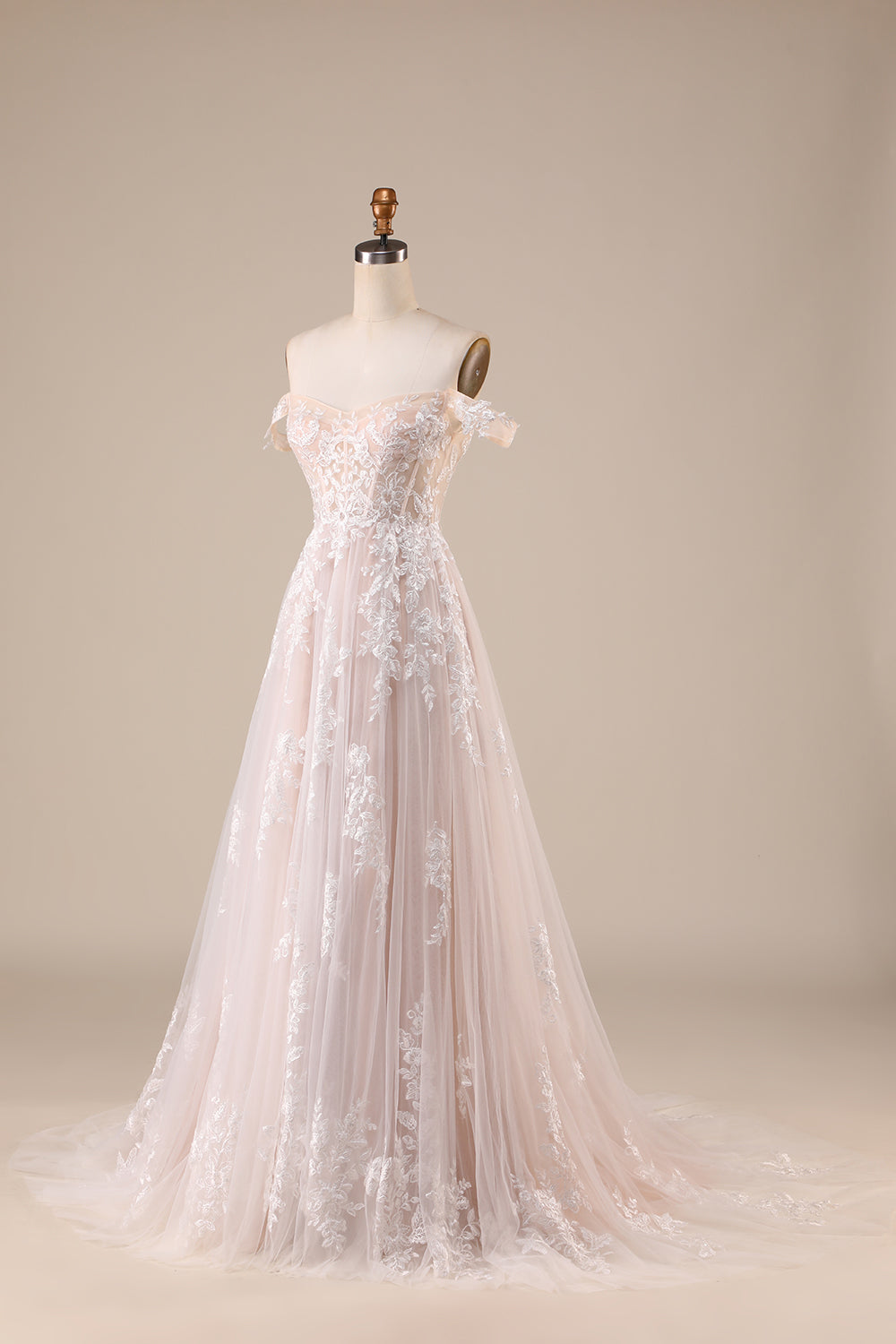 Ivory A Line Detachable Off the Shoulder Corset Tulle Wedding Dress Long