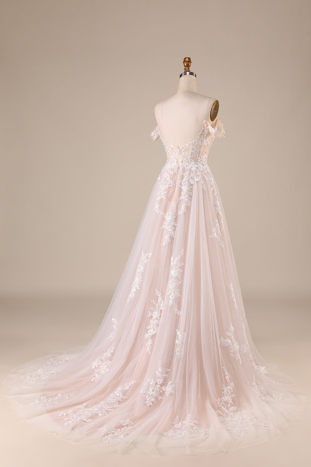 Ivory A Line Detachable Off the Shoulder Corset Tulle Wedding Dress Long