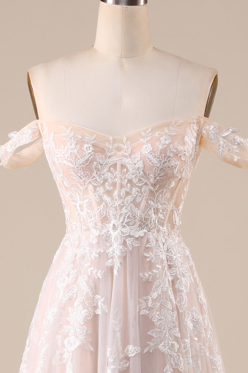 Ivory A Line Detachable Off the Shoulder Corset Tulle Wedding Dress Long