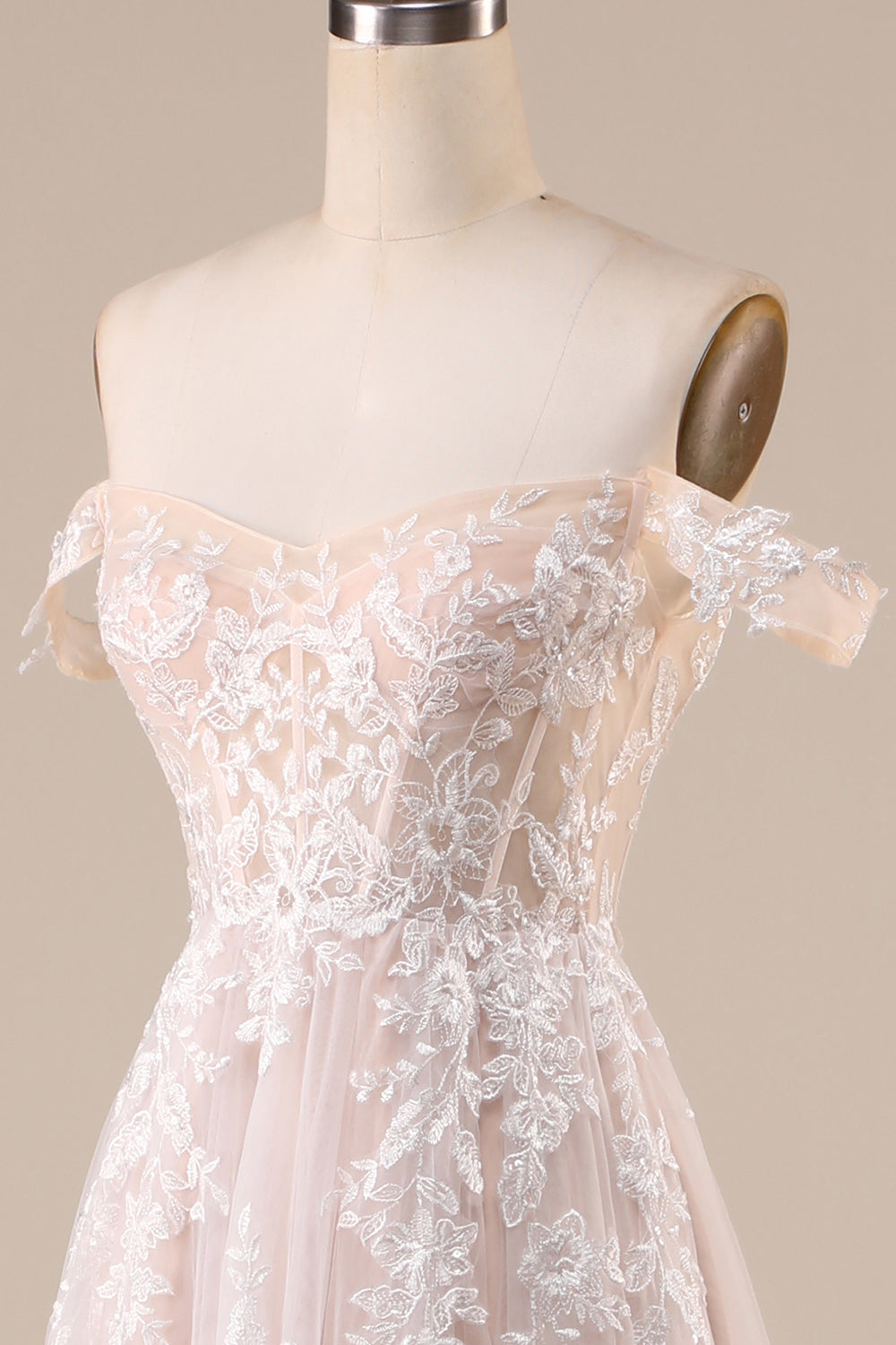 Ivory A Line Detachable Off the Shoulder Corset Tulle Wedding Dress Long