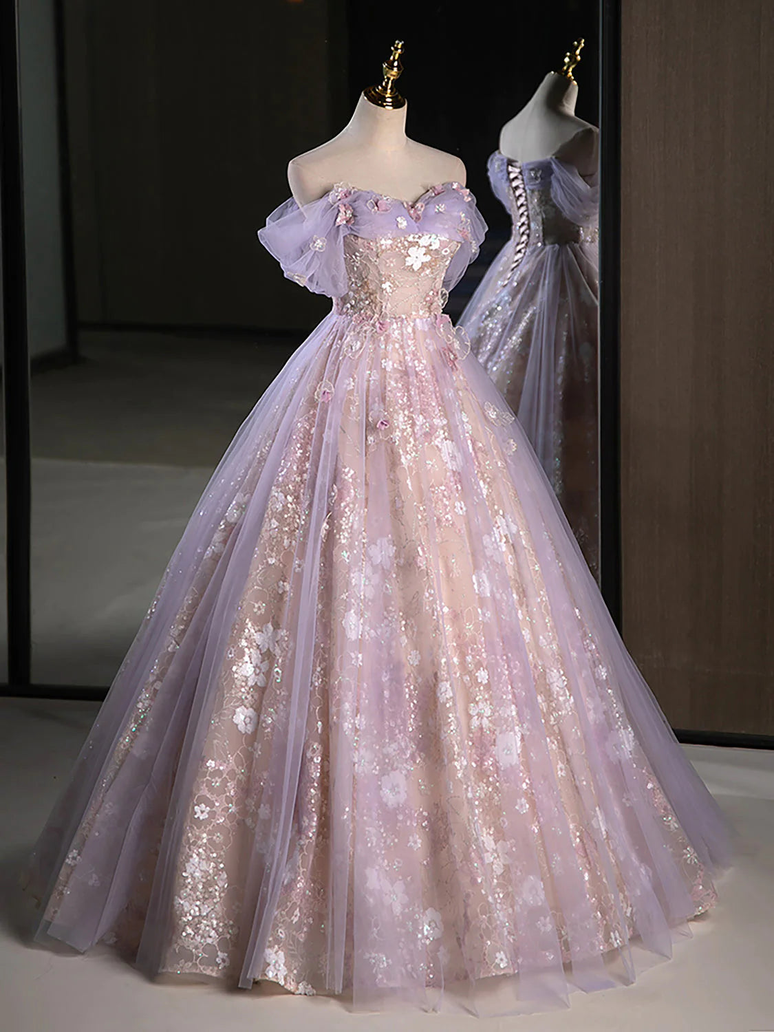 A-Line Off Shoulder Long Prom Dress Sparkly
