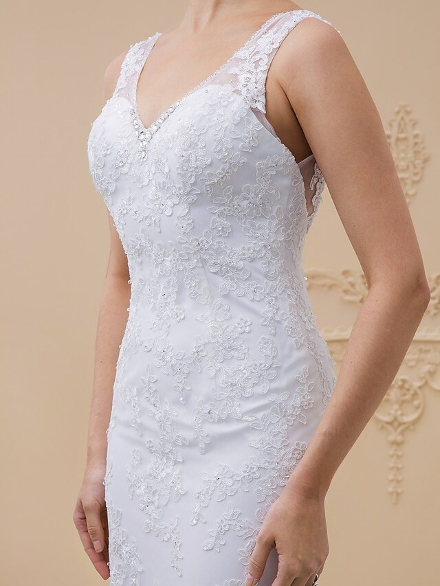 Wedding Dresses V Neck Chapel Train Tulle All Over Lace Lace Over Tulle Regular Straps Sexy Illusion Detail Backless with Beading