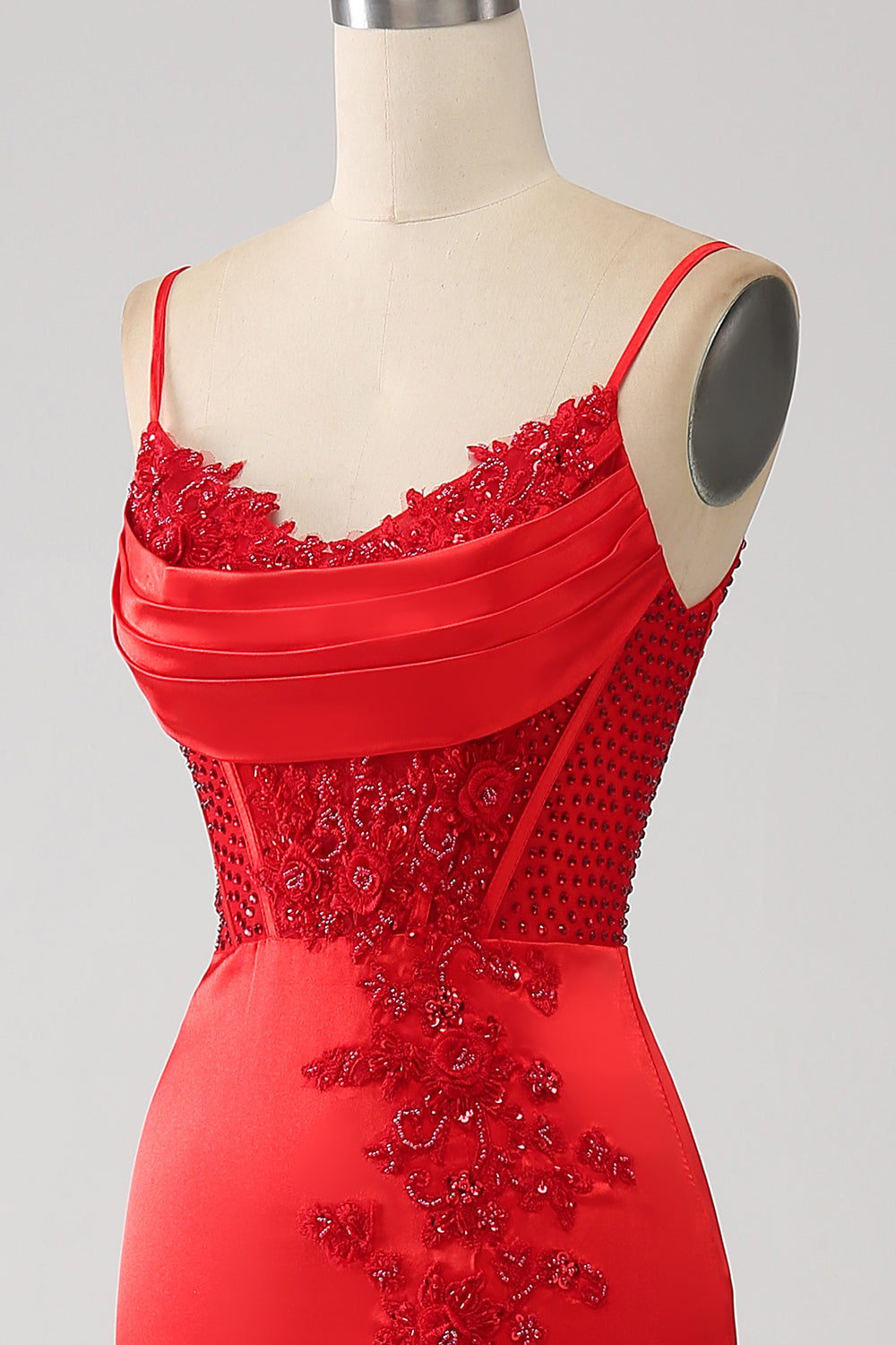 Red Mermaid Spaghetti Straps Satin Beaded Prom Dress with Slit Sexy Evening Dresses