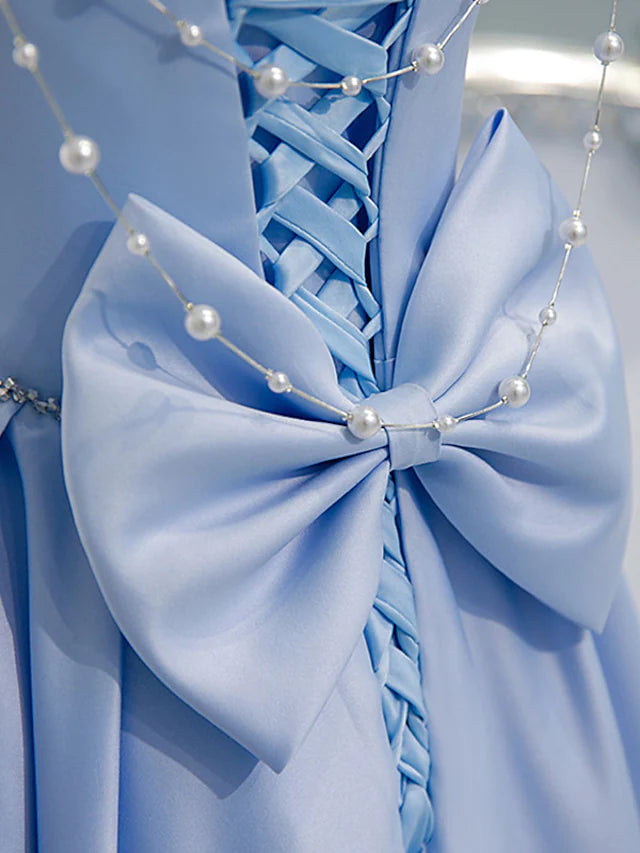 A-Line Bridesmaid Dress Square Neck Short Sleeve Elegant Satin with Bow(s) Beading Beautiful