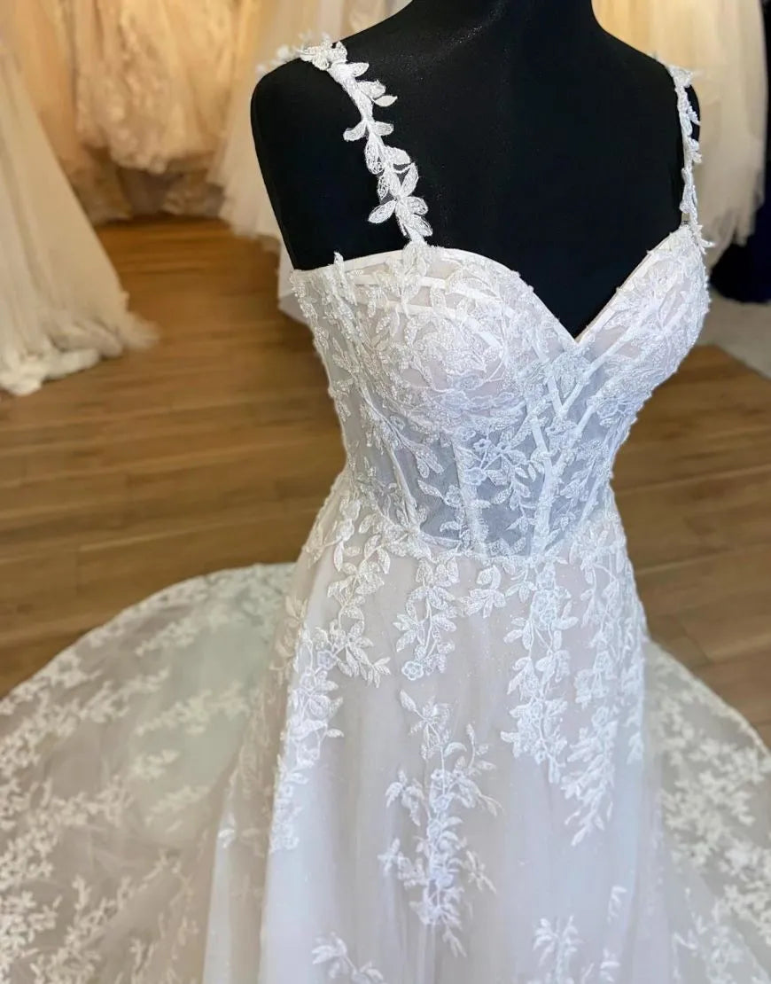 A-Line Spaghetti Straps Back Court Train Wedding Dress With Appliques Beautiful