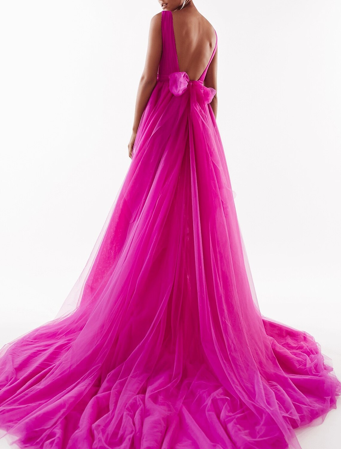 A-Line Evening Gown Beautiful Back Dress Engagement Court Train Sleeveless V Neck Tulle with Bow(s)