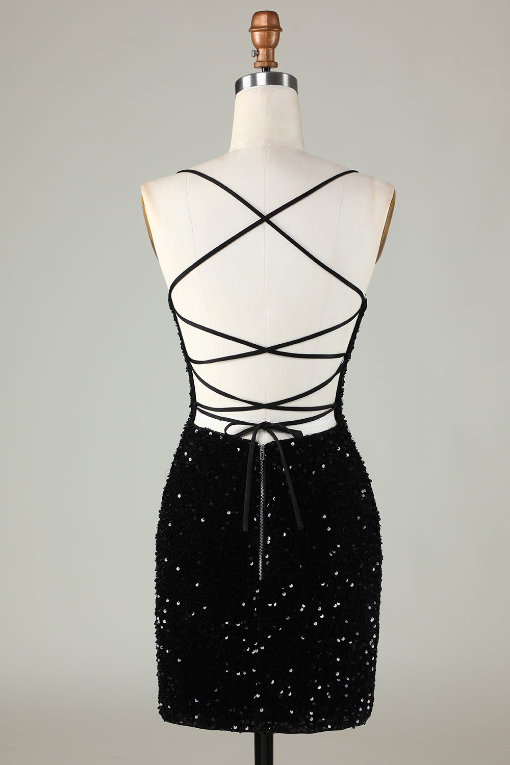 Sexy Black Sheath Spaghetti Straps Criss Cross Back Homecoming Dress With Sequins Sparkly