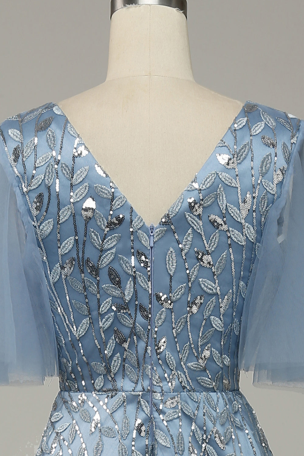 Blue A Line V Neck Tulle Embroidered Leaves Prom Dress Sexy Evening Dresses