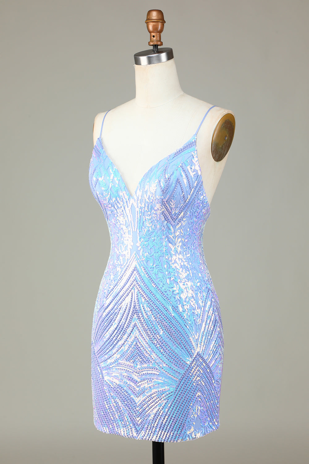Sparkly Blue Sheath Spaghetti Straps Backless Sequins Short Homecoming Dress Sexy