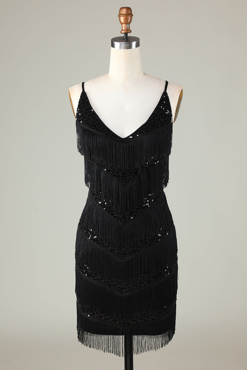 Sparkly Black Sequins Beaded Tight Short Homecoming Dress with Fringes Sexy