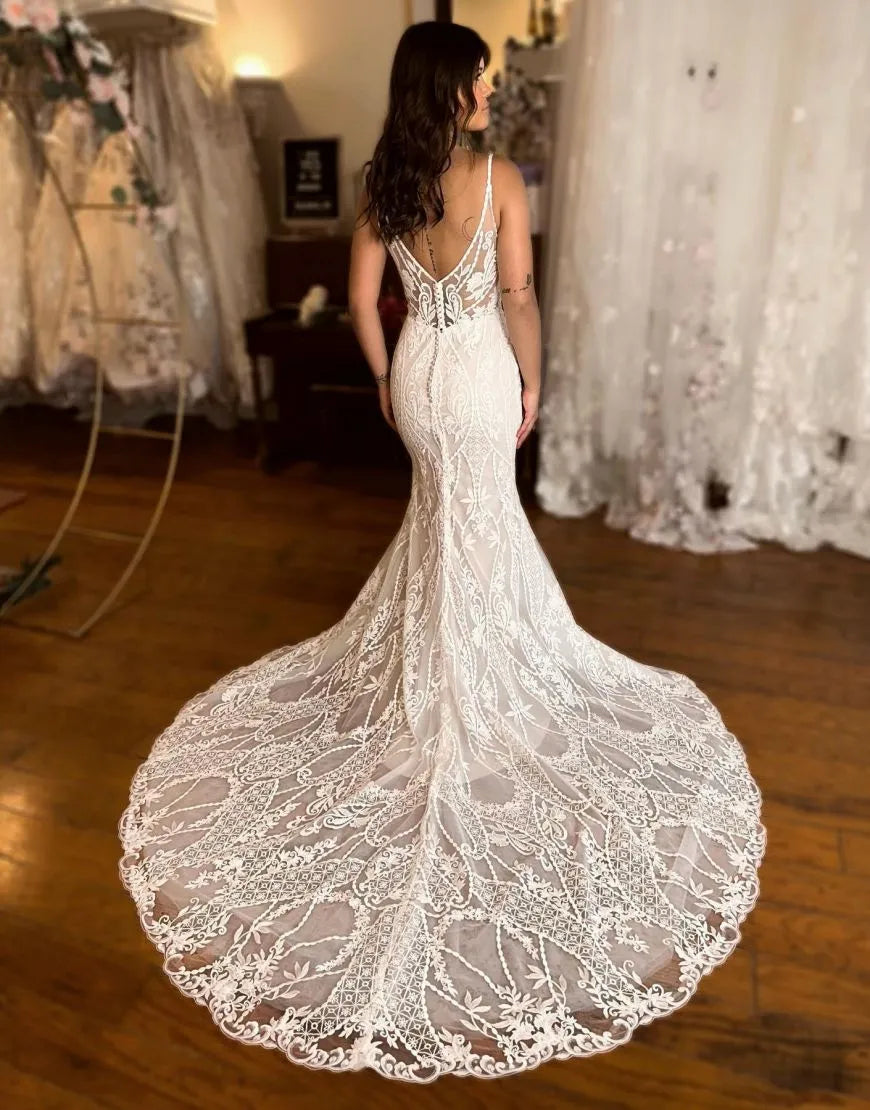 Mermaid V Neck Spaghetti Straps Train Lace Wedding Dress Sexy Long
