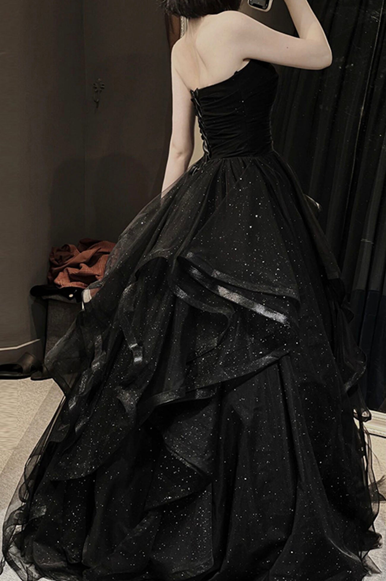 Black Tulle Long A-Line Prom Dress Off Shoulder Evening Party Dress