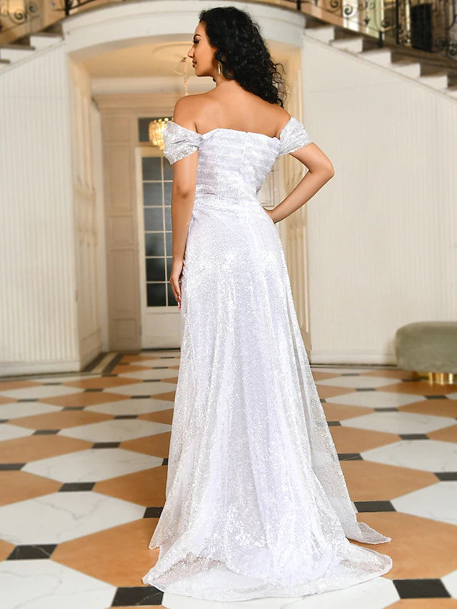 Sheath / Column Evening Gown Convertible Dress Prom Sweep / Brush Train Short Sleeve Off Shoulder Satin