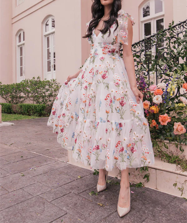 A-Line/Princess V-Neck Short Sleeves Floral Formal Party Dresses With Flowers Beautiful