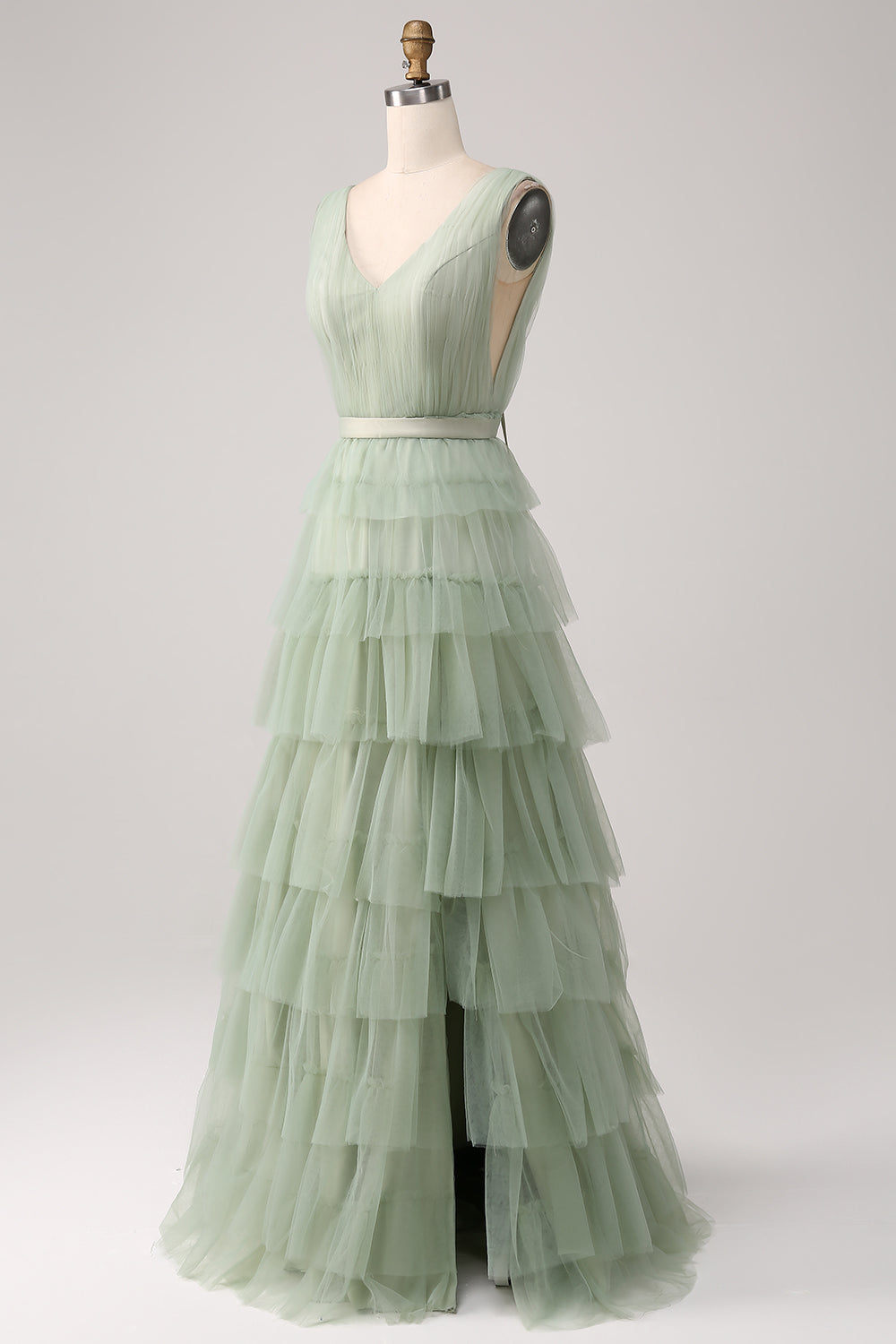 A-Line V Neck Tiered Floor Length Tulle Maxi Dress With Slit Prom Dresses