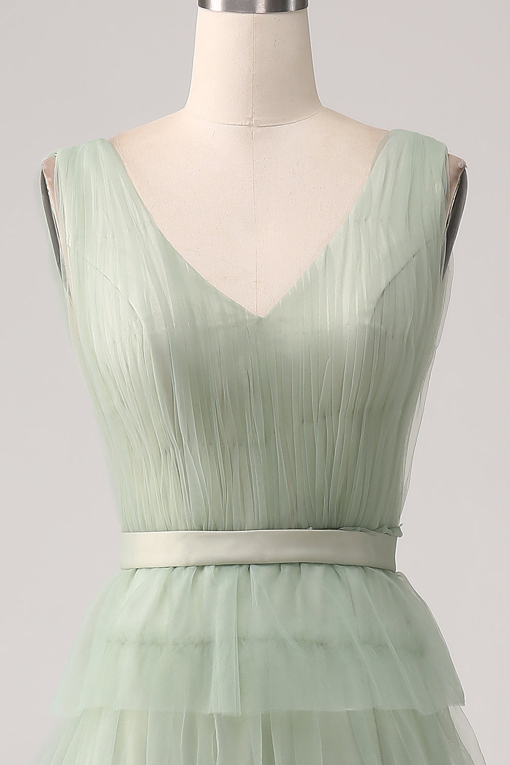 A-Line V Neck Tiered Floor Length Tulle Maxi Dress With Slit Prom Dresses