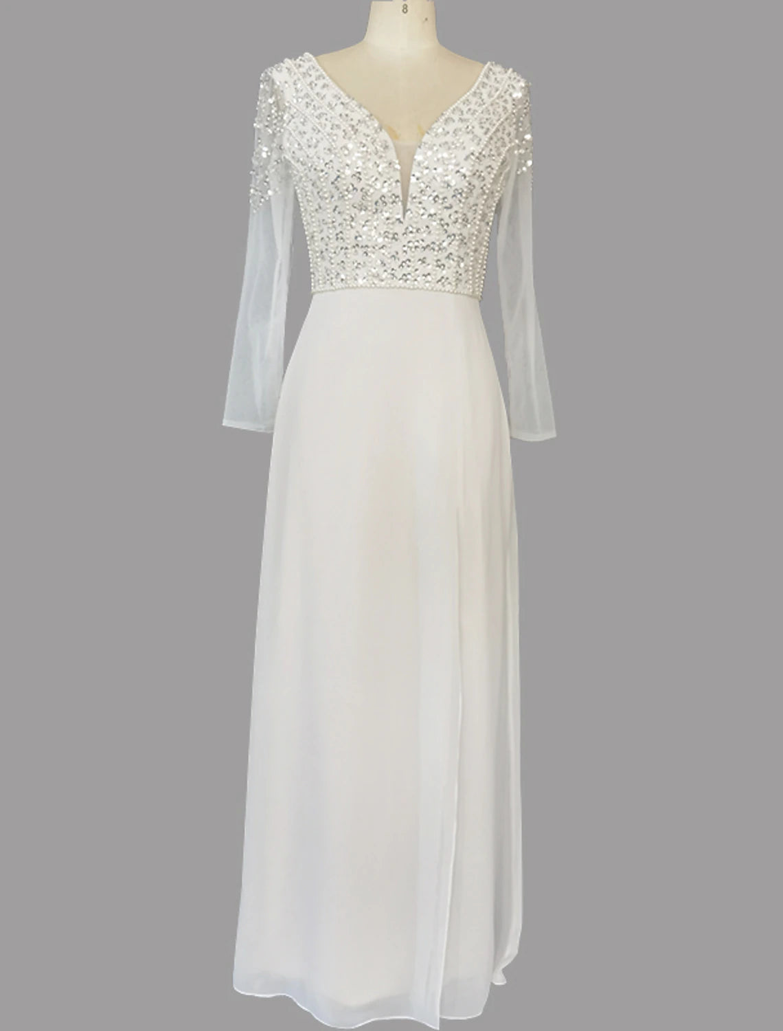 A-Line Evening Gown Glittering Dress Engagement Sweep / Brush Train Short Sleeve V Neck Chiffon with Sequin