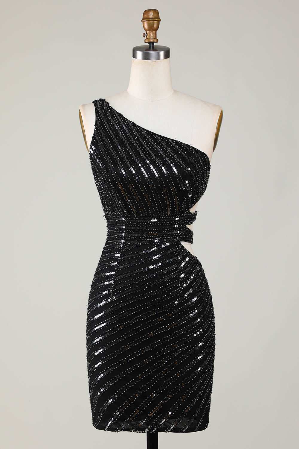 Sparkly Bodycon One Shoulder Black Sequins Short Homecoming Dress With Cut Out Sexy