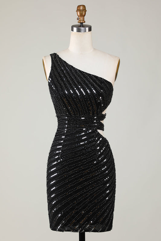 Sparkly Bodycon One Shoulder Black Sequins Short Homecoming Dress With Cut Out Sexy