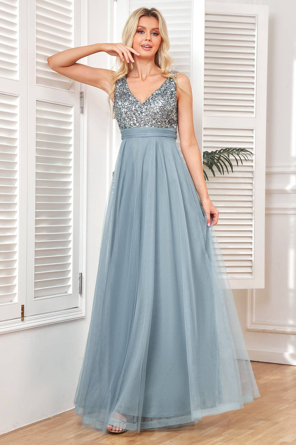 Sparkly Grey Blue Tulle Long Prom Dress Sparkly Evening Dresses
