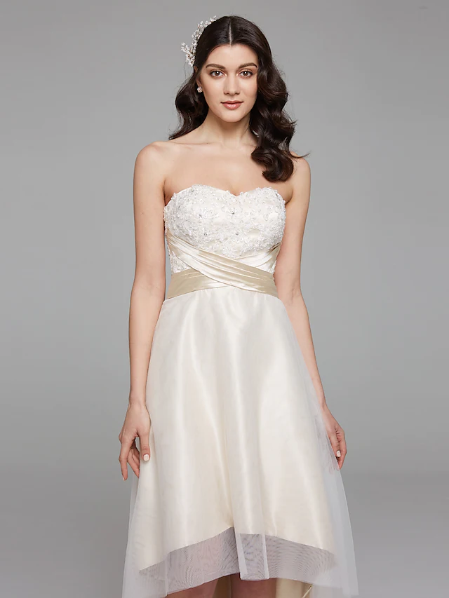 A-Line Wedding Dresses Sweetheart Neckline Asymmetrical Satin Floral Lace Strapless Simple Plus Size with Bowknot Sash Ribbon