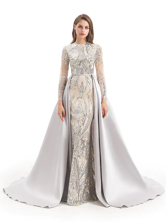 Luxurious Sparkle Prom Formal Evening Dress Jewel Neck Long Sleeve Detachable Sequined with Overskirt Pattern Print